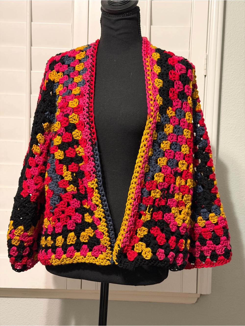 Crochet Open-Front Women's Sweater Cardigan in Black, Pink & Gold